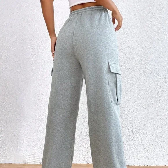 Light Grey Casual Womens Flap Pocket Side Drawstring Waist Sweatpants - Picture 3 of 6